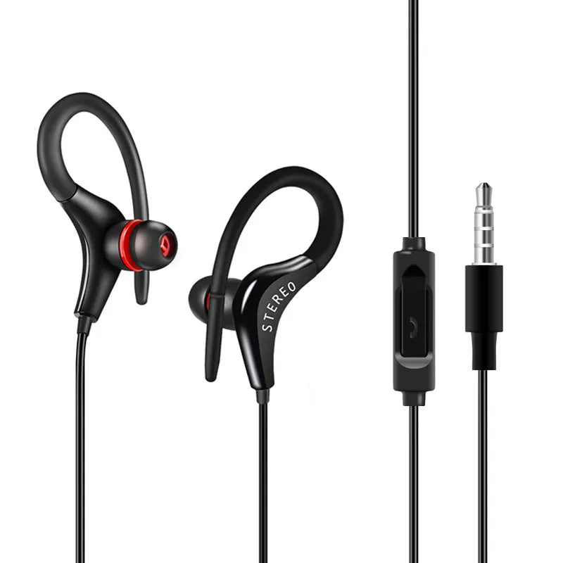 Black earhook sport headphones with a 1.2 metre cable, in-line microphone, and 3.5mm audio plug.
