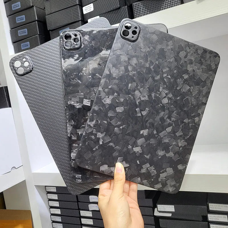 Carbon fibre iPad Pro 11 case with embossed plaid pattern in matte 3K finish