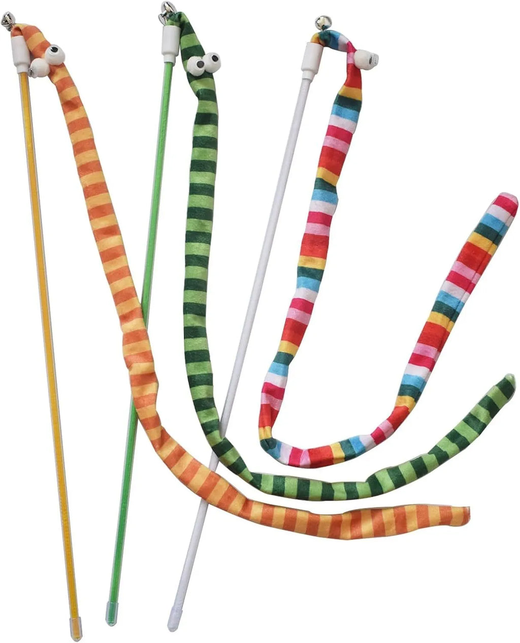 Green cat tease wand with a long plush strip and bell for interactive indoor play