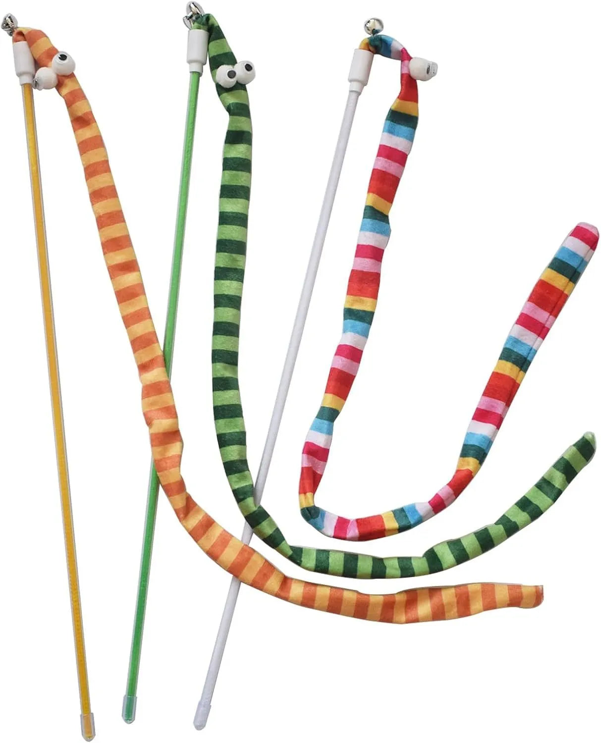 Green cat tease wand with a long plush strip and bell for interactive indoor play