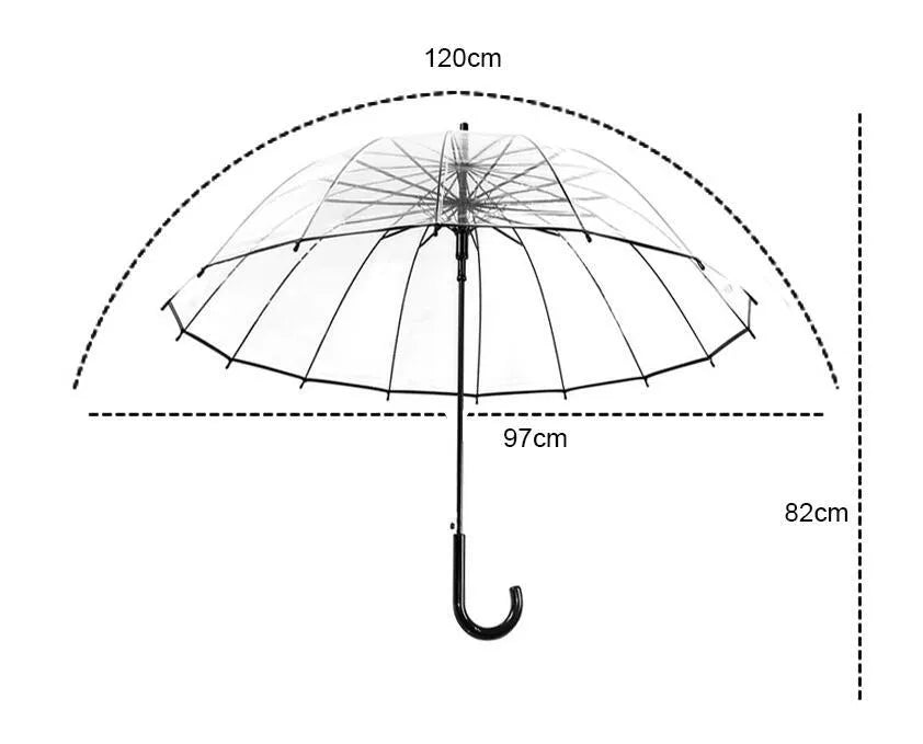 Long-handled transparent umbrella with black steel frame and white handle on a black background.