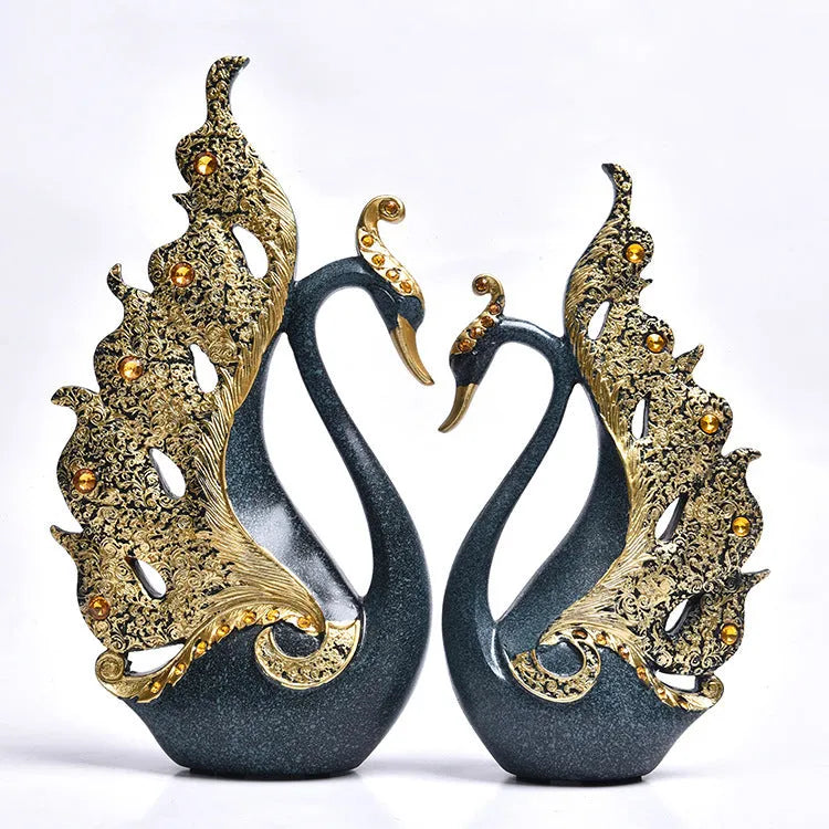 Resin couple swan decoration figurine set large 16x8x29cm small 14x6x24cm blue and gold