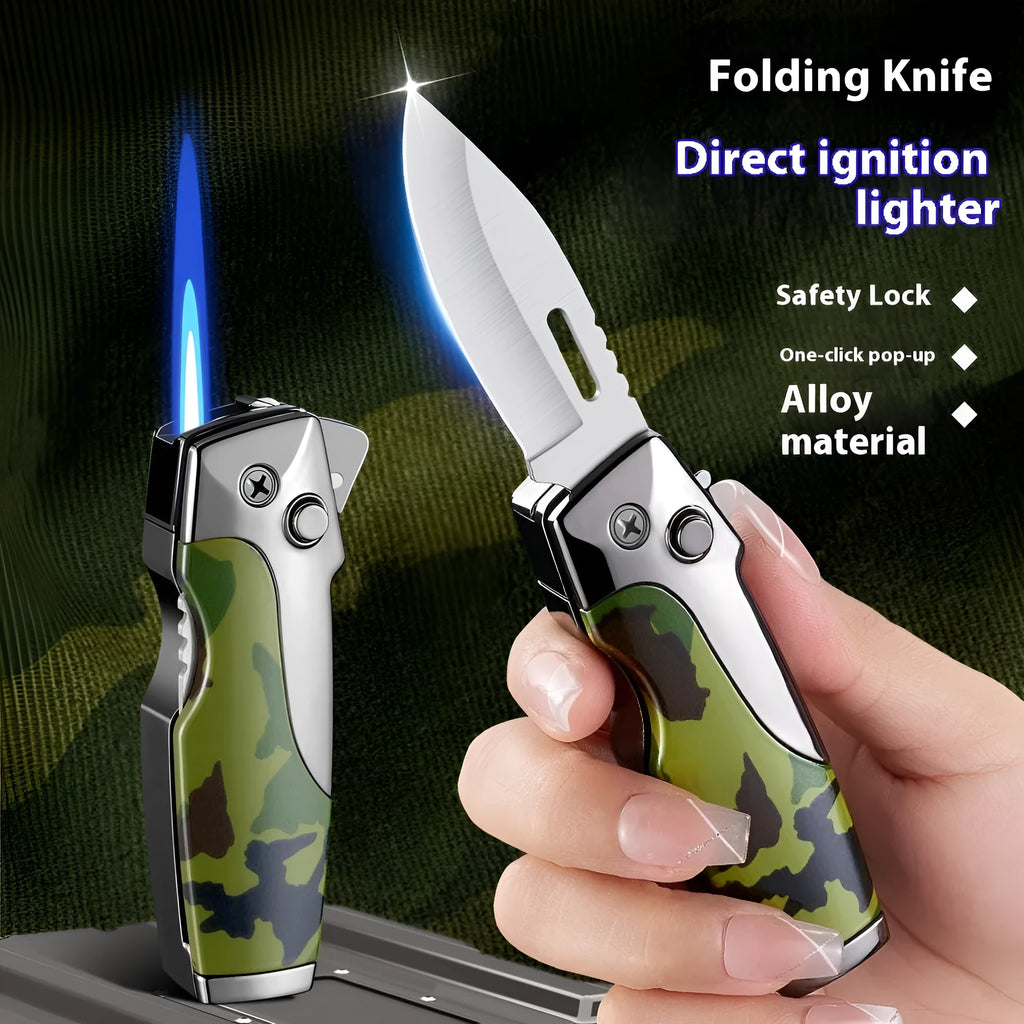 Metal folding lighter in a closed position, showing one of twelve available finishes such as wood grain or carbon fibre.