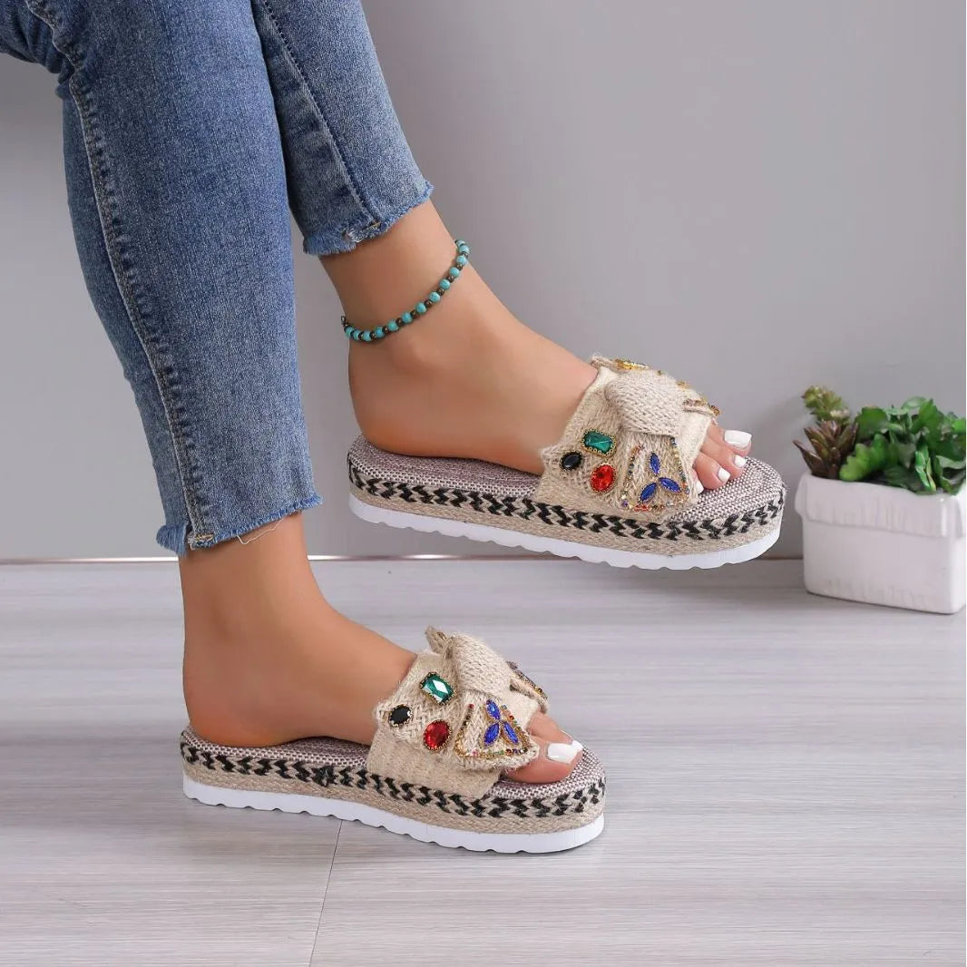 Creamy-white women's platform sandals with beach bow decoration and cloth construction