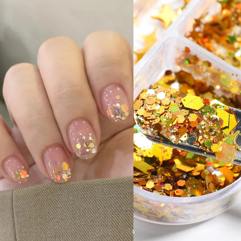 Gold and silver laser irregular nail glitter sequins in 8g box for nail art decoration