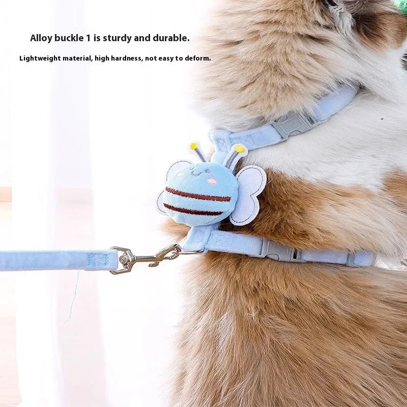 Pink adjustable cat harness with bee-shaped back and matching hand-held leash.