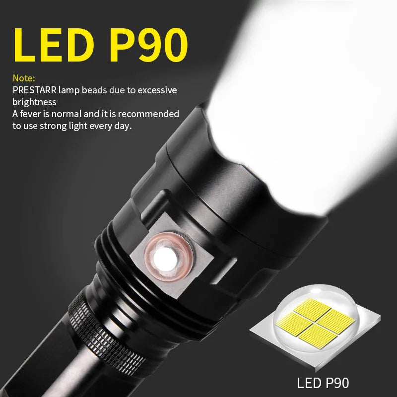 Black anodised aluminium tactical LED flashlight with a large head, shown with USB cable and yellow packaging box.