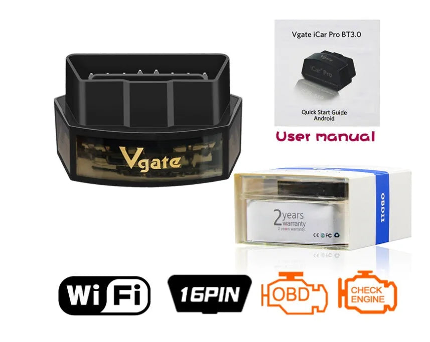 Vgate iCar Pro WiFi OBD2 adapter in black, plugged into car OBD2 port for diagnostics
