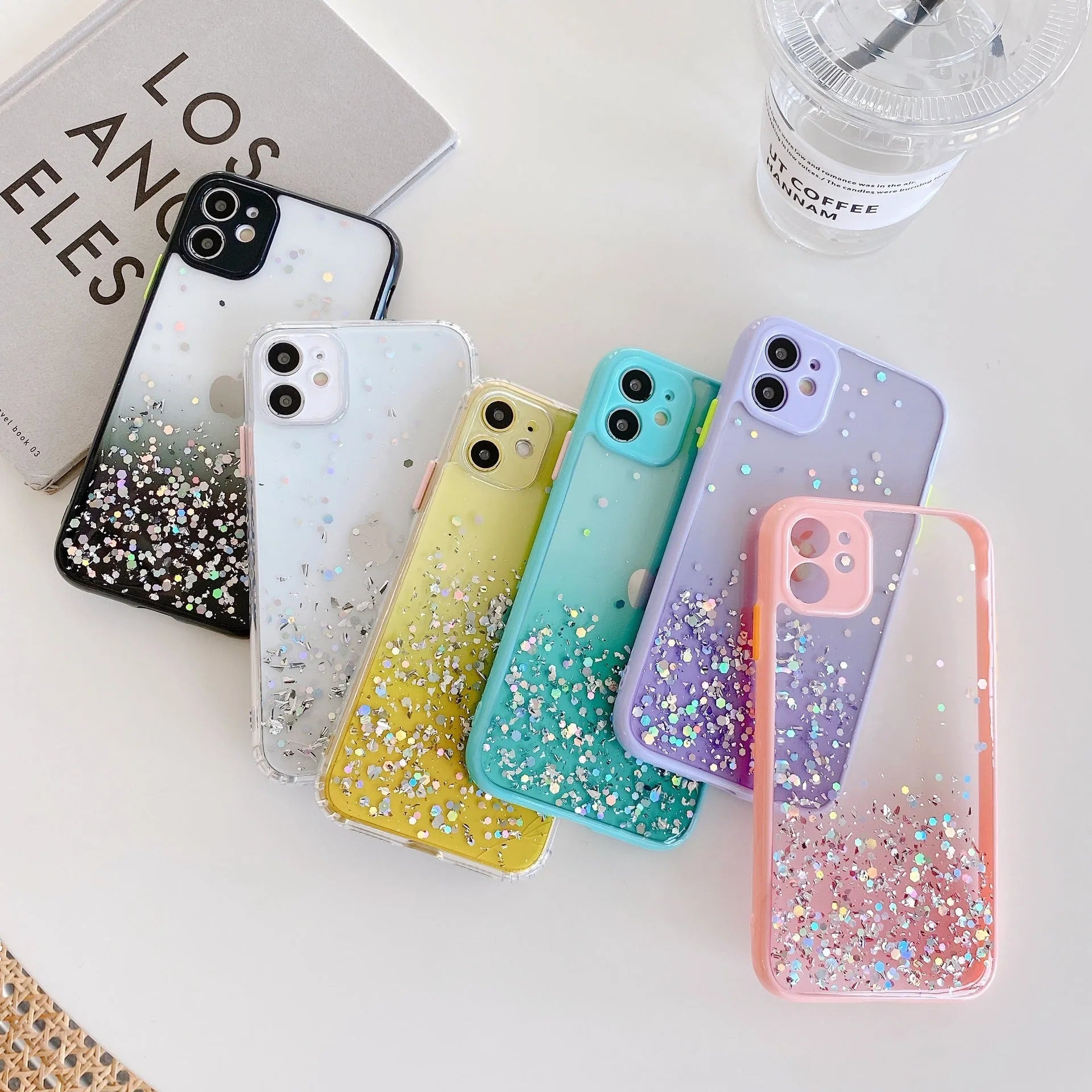 Silicone phone case with gradient epoxy glitter and frosted marble IMD finish for iPhone models