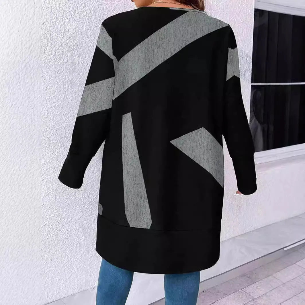 Black loose fit plus size cardigan coat with button stitching print detail