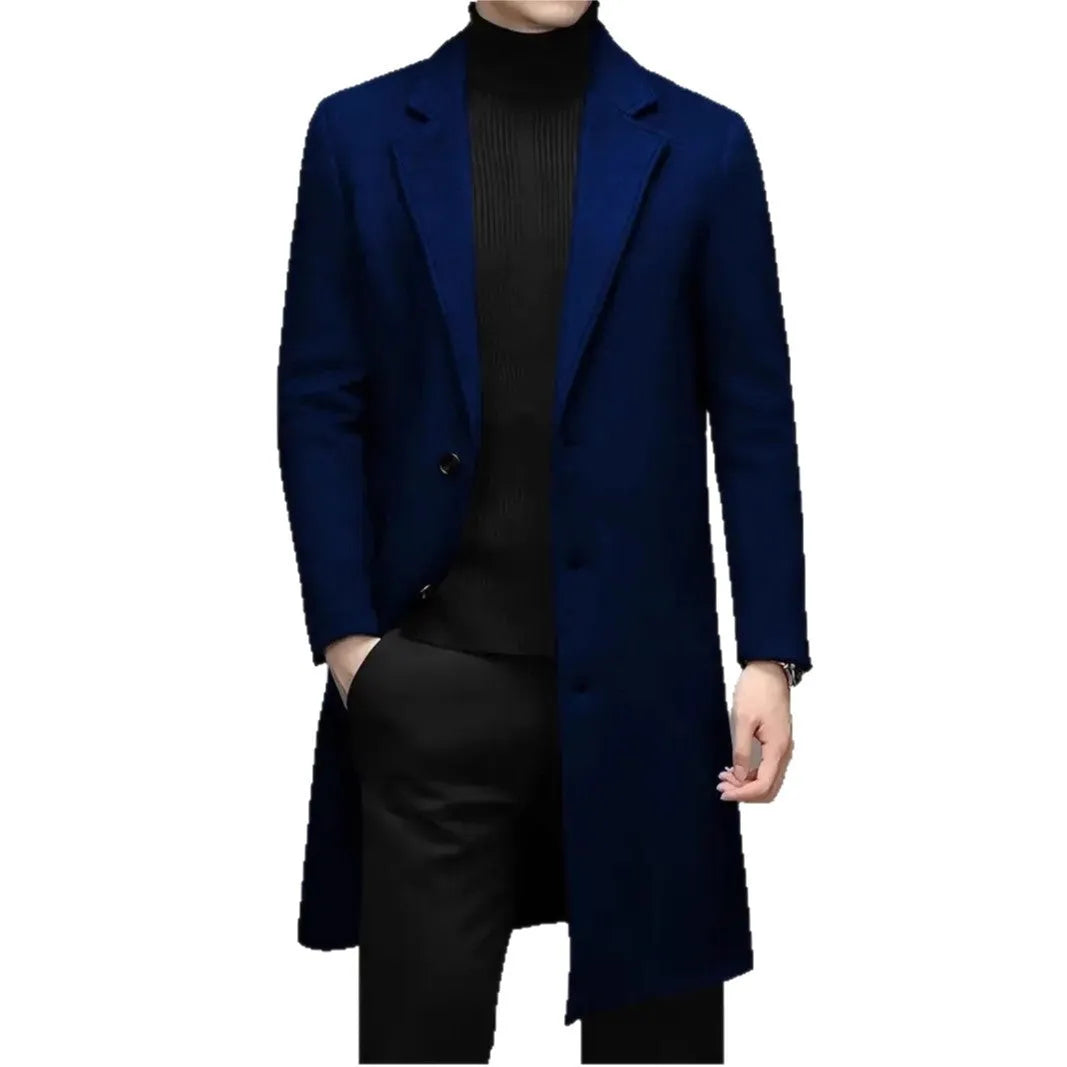 Men's slim-fit woolen coat in solid colour, side seam pockets, 100cm length, polyester