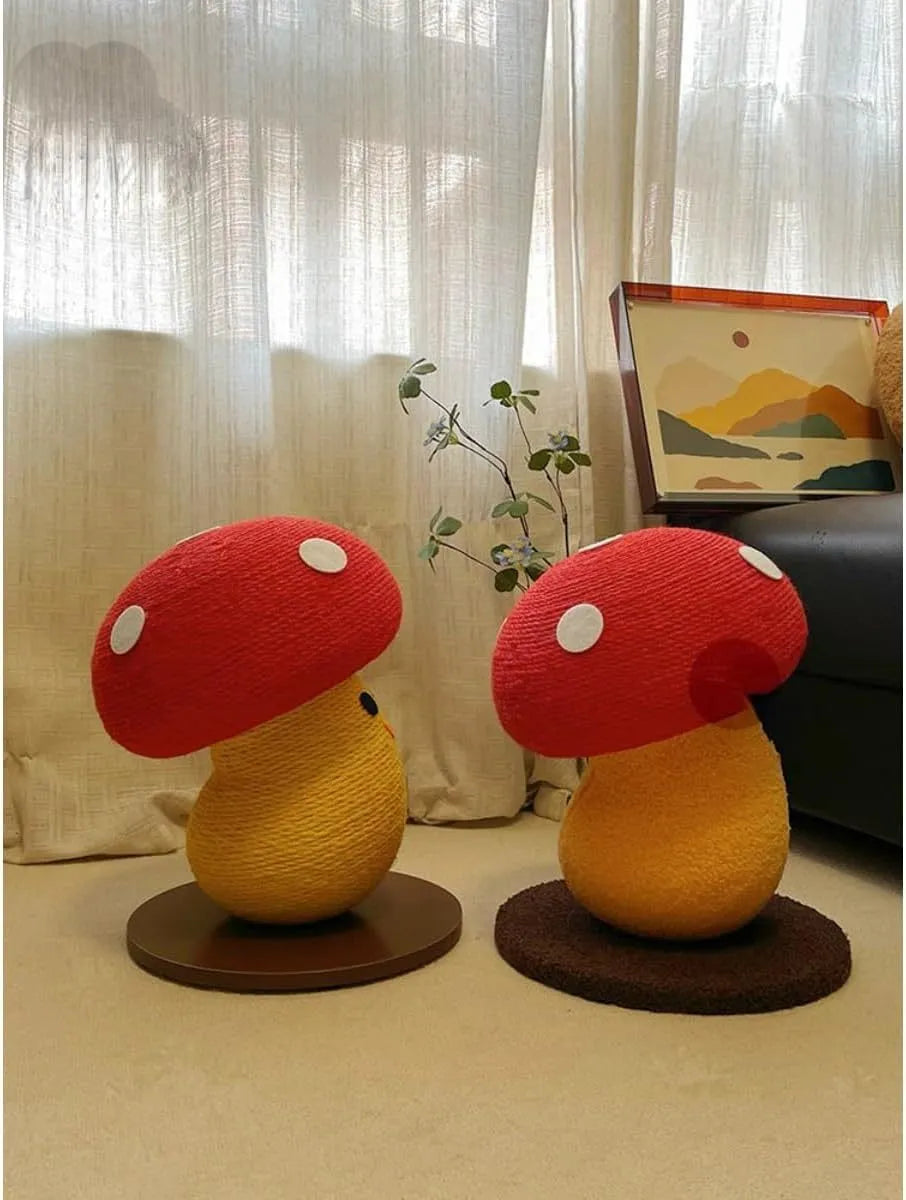 Round mushroom-shaped cardboard cat scratcher with accordion folds, shown as a flat board and formed into a lounge.