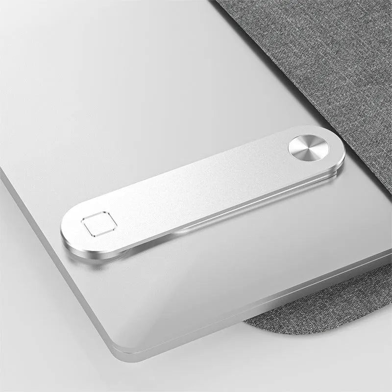 Aluminium laptop phone holder with magnetic mount attached to computer screen