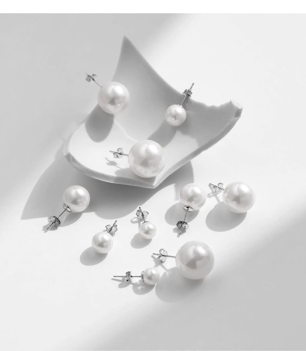 Light luxury French pearl earrings for women in 925 sterling silver with diamond setting, available in 6mm to 14mm sizes