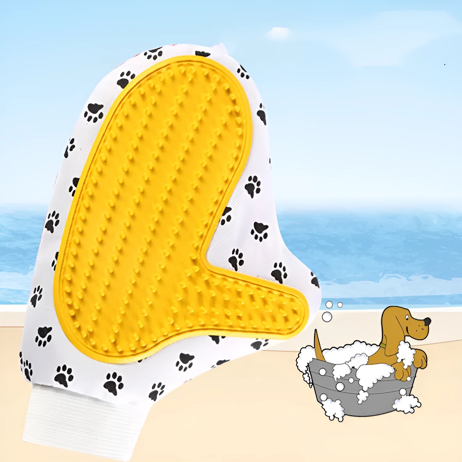White silicone pet brush glove for deshedding and bathing cats and dogs 25x17cm