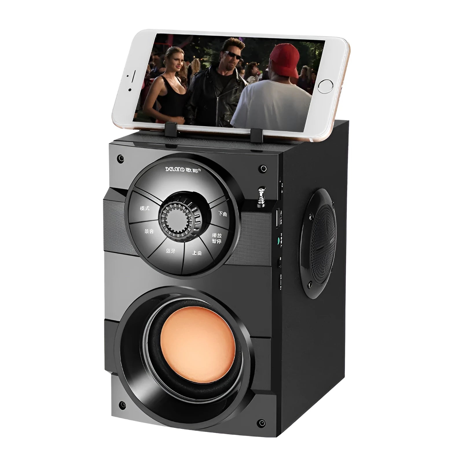 Black mini portable home audio speaker system with subwoofer and connection cable