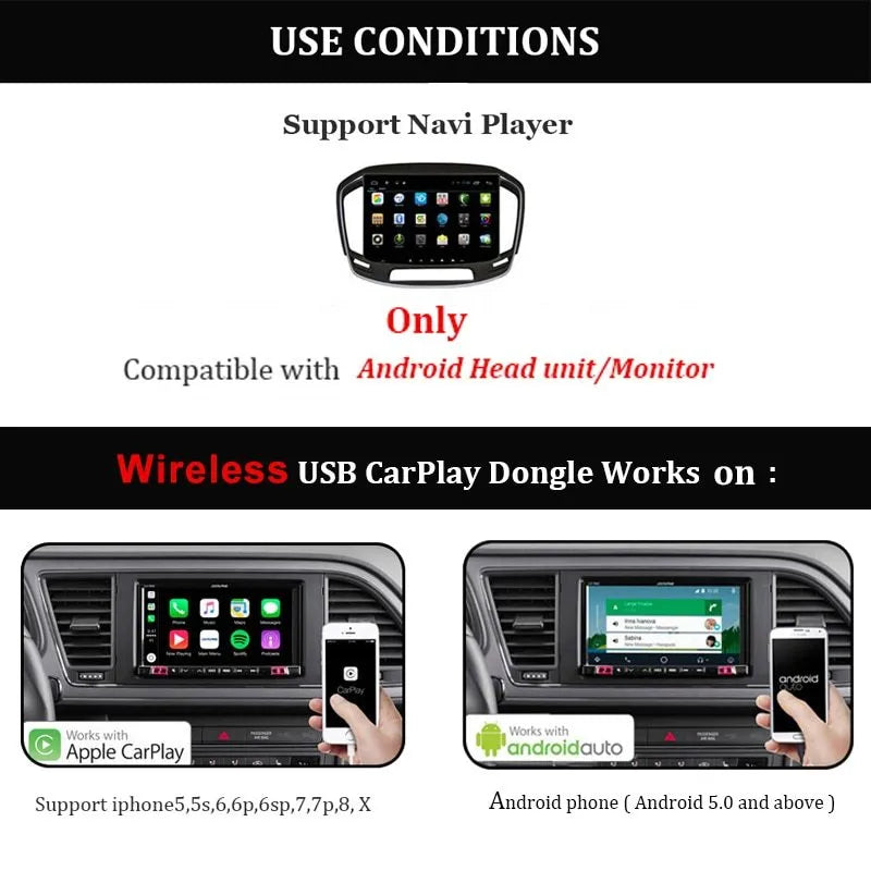 Black Wireless CarPlay USB dongle for connecting iPhone to car navigation screens with voice command