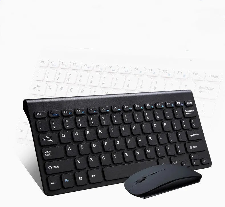 Black and white wireless keyboard and mouse set on a desk.