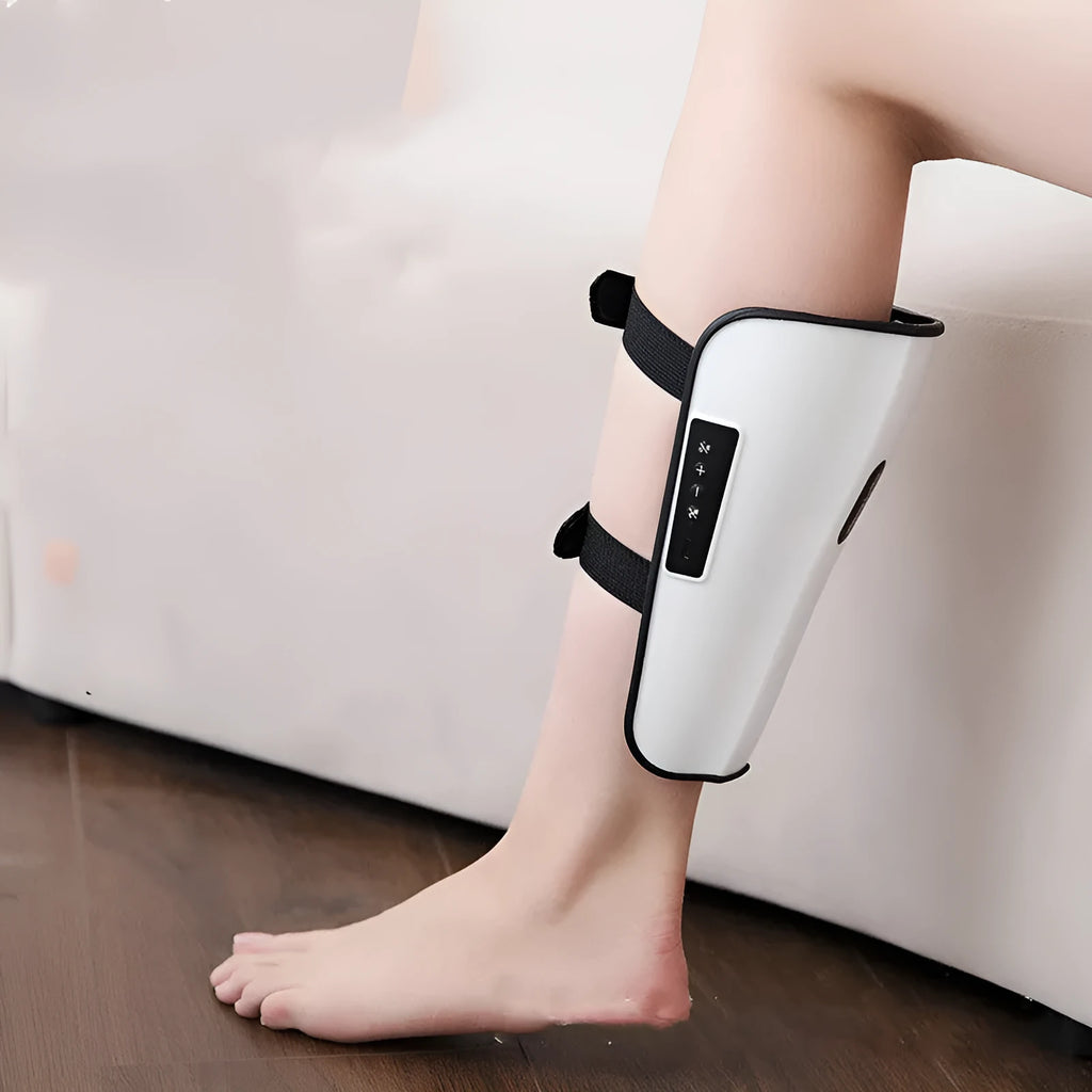 White plastic portable calf massager with mechanical control dials and a Type-C charging port.
