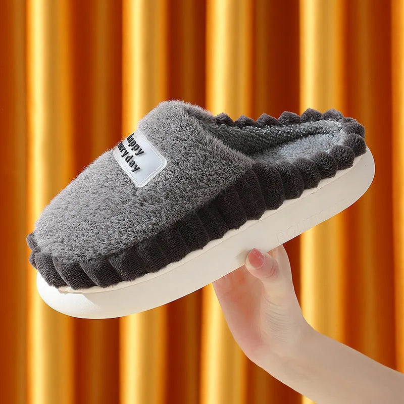 Men's thick-soled slip-on house slippers with fluffy fleece, suede upper and non-slip PVC sole