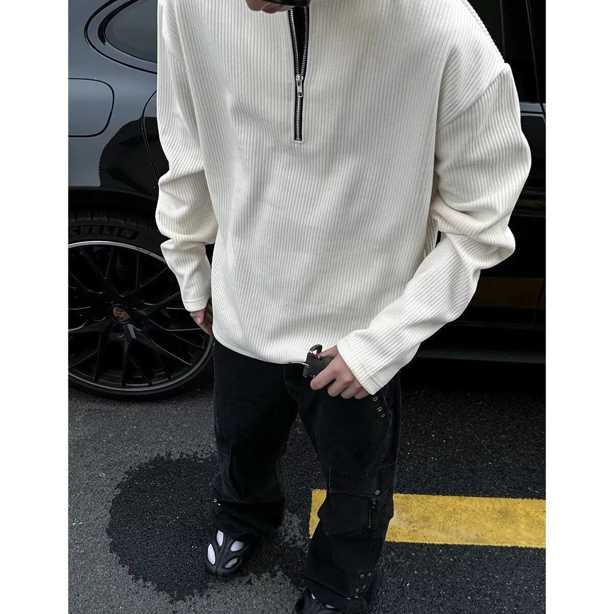 Women's solid colour loose long sleeve pullover top in grey, black, or apricot with letter pattern.