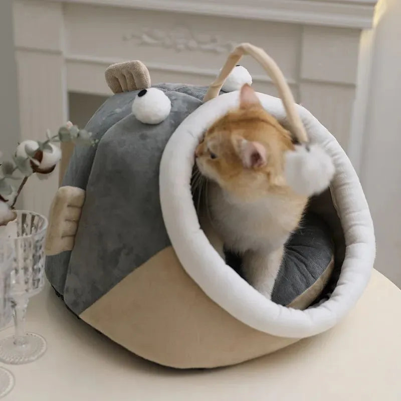 Semi-closed grey deerskin velvet pet house for cats or small dogs