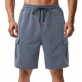 Light grey sports cargo shorts with multiple pockets in loose casual fit