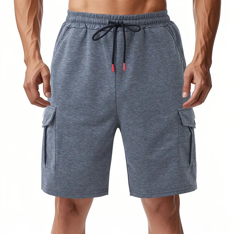 Light grey sports cargo shorts with multiple pockets in loose casual fit