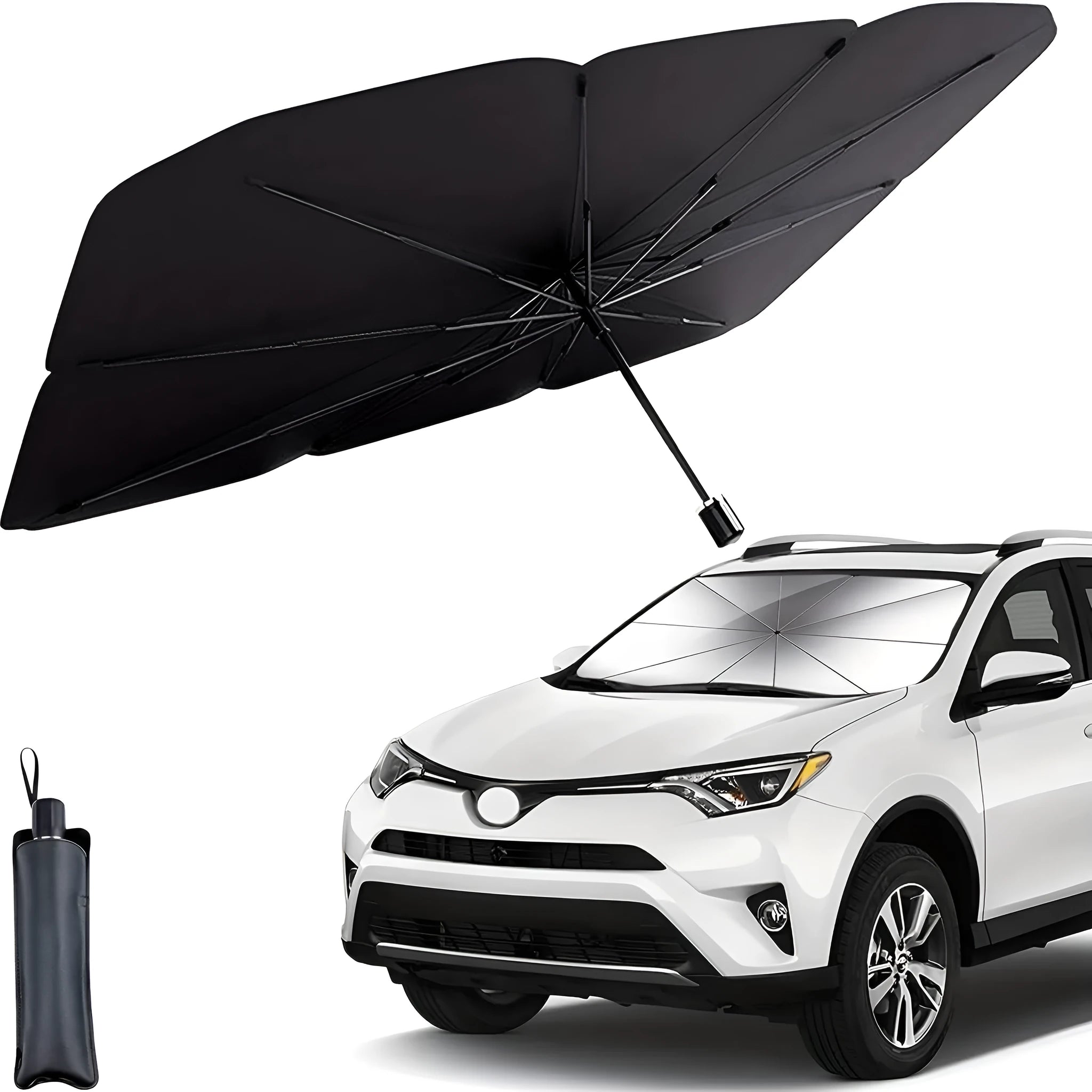 Foldable car windshield sunshade umbrella shown in open position against car windscreen