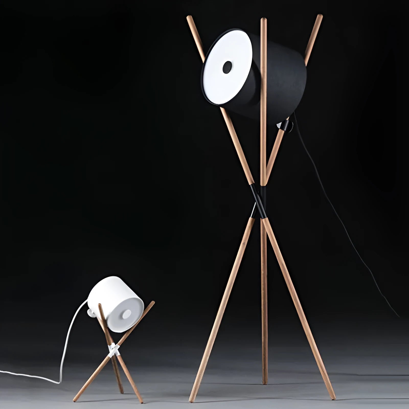 Modern wood three fork floor lamp with acrylic shade and included matching desk lamp