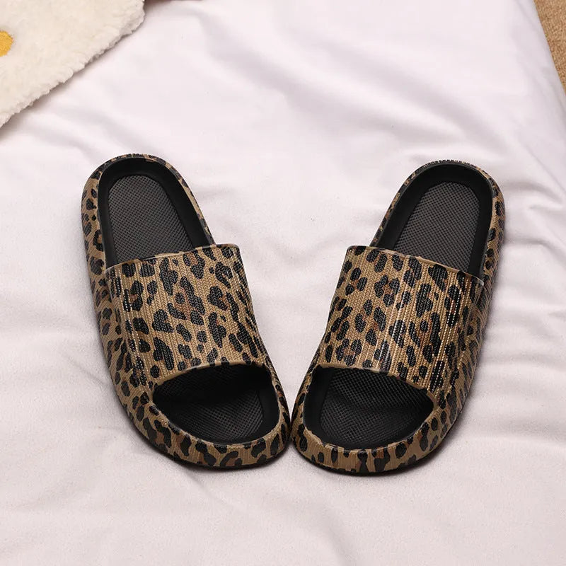 Women's leopard print slippers with thick EVA sole in Korean style, showing colour options.