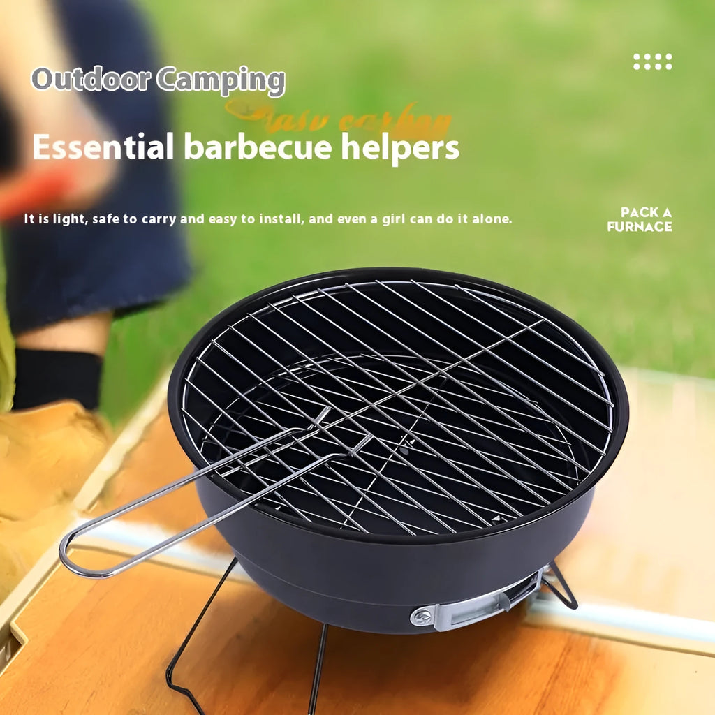 Small folding round metal ice stove with grill mesh, leg, and storage bag for portable barbecues.