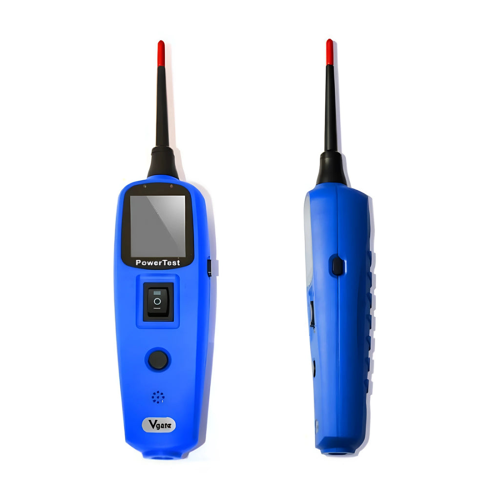 Blue PT150 automotive power circuit test pen with TFT display, shown with extension cable, probe, and protective case.
