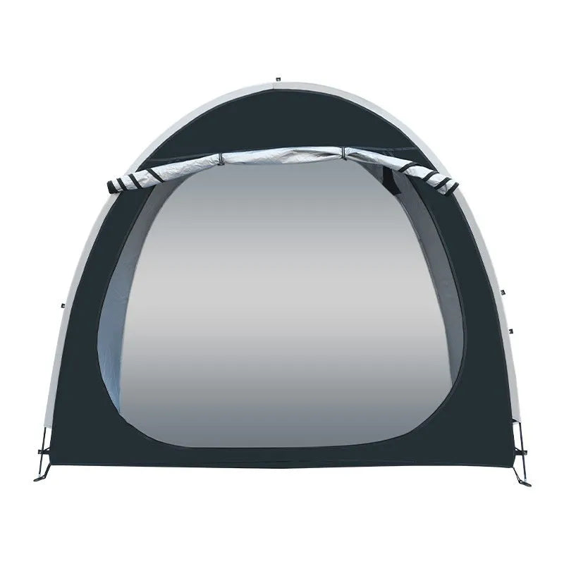Black outdoor bicycle storage tent showing roof design for 2-3 bike weather protection