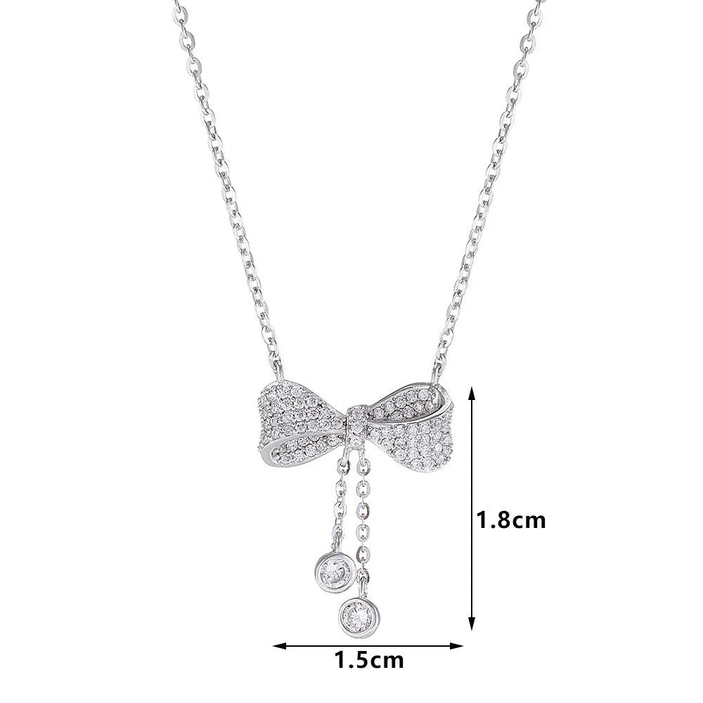 S925 sterling silver bow pendant necklace with O-ring chain, silver colour, 40-45cm length