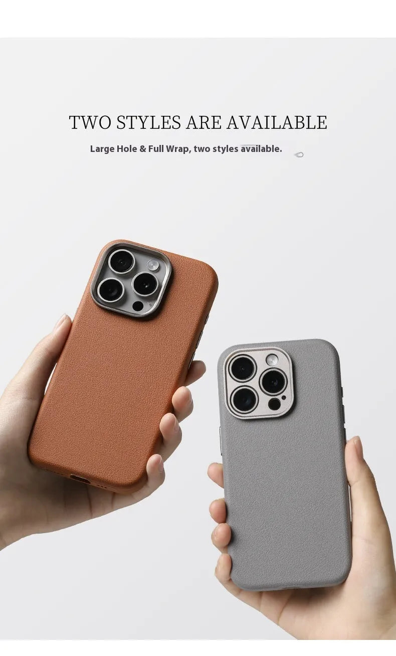 Black leather iPhone cover with MagSafe compatibility and alloy lens protection