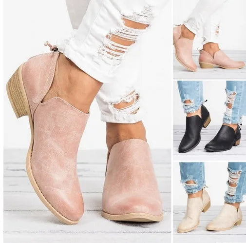 Women's butterfly-knot slip-on ankle boots in faux suede with square heel and pointed toe, available in Beige, Black, and Pink
