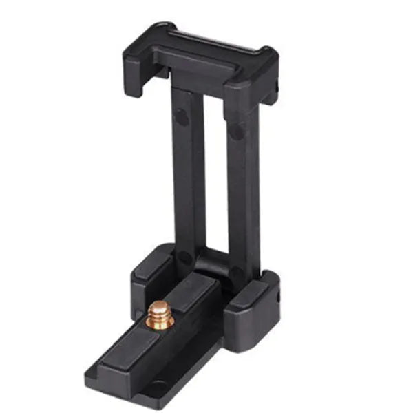 Black desktop mobile phone tripod stand holding a phone, showing adjustable angle bracket.