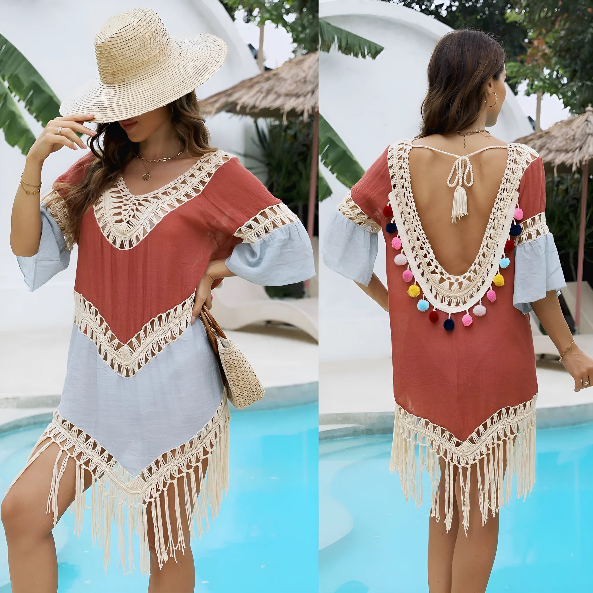 Orange beach overskirt with hand crochet stitching, bamboo cotton tassels, and floral pattern