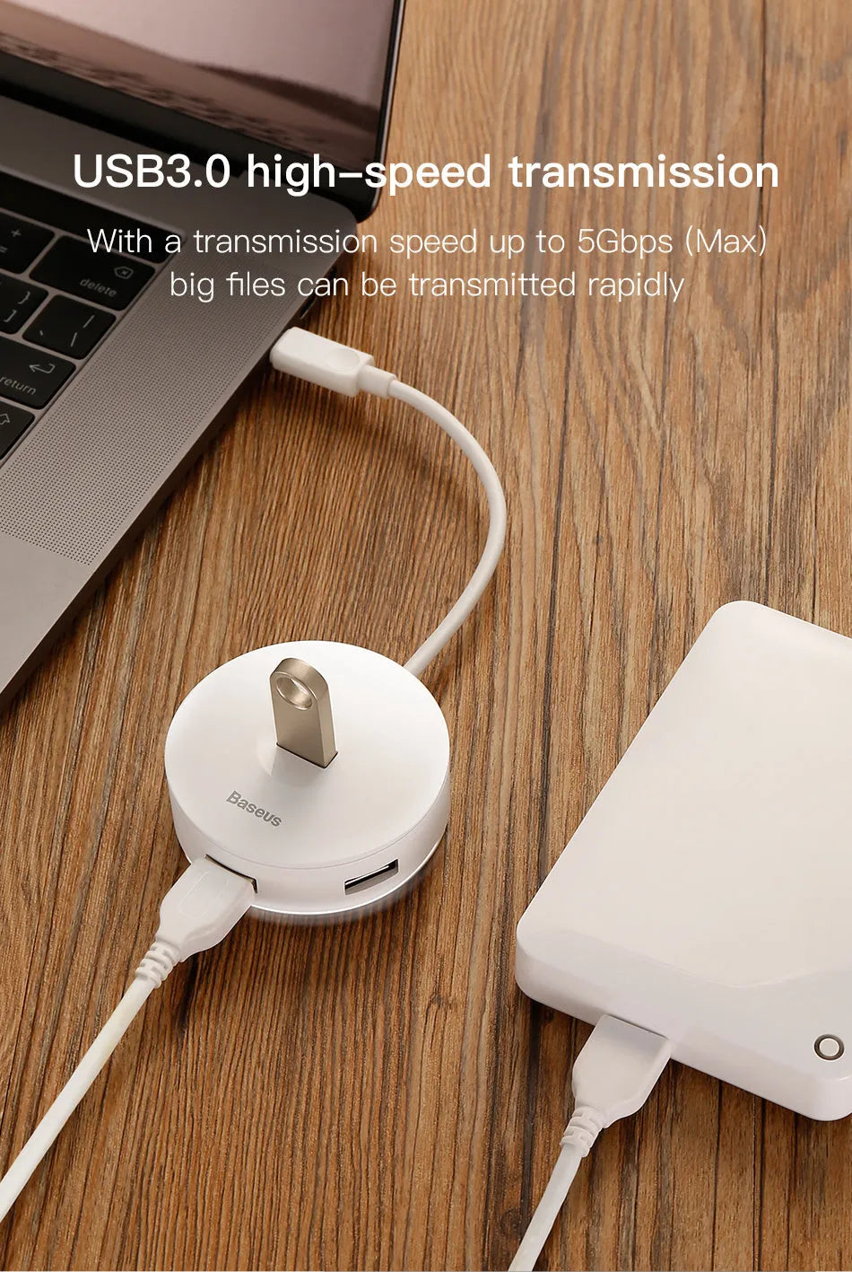 Round USB hub adapter for notebook with black cable and LED indicator for power