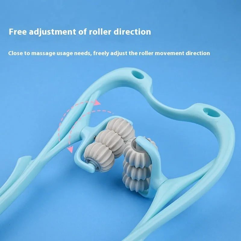 Blue plastic handheld six-wheel manual massager for neck, shoulder, and waist.