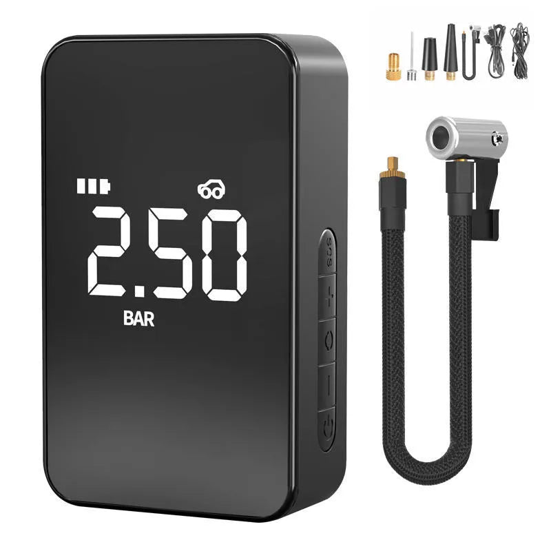 Wireless digital display air pump with large screen, four air nozzles, and a black ABS housing.