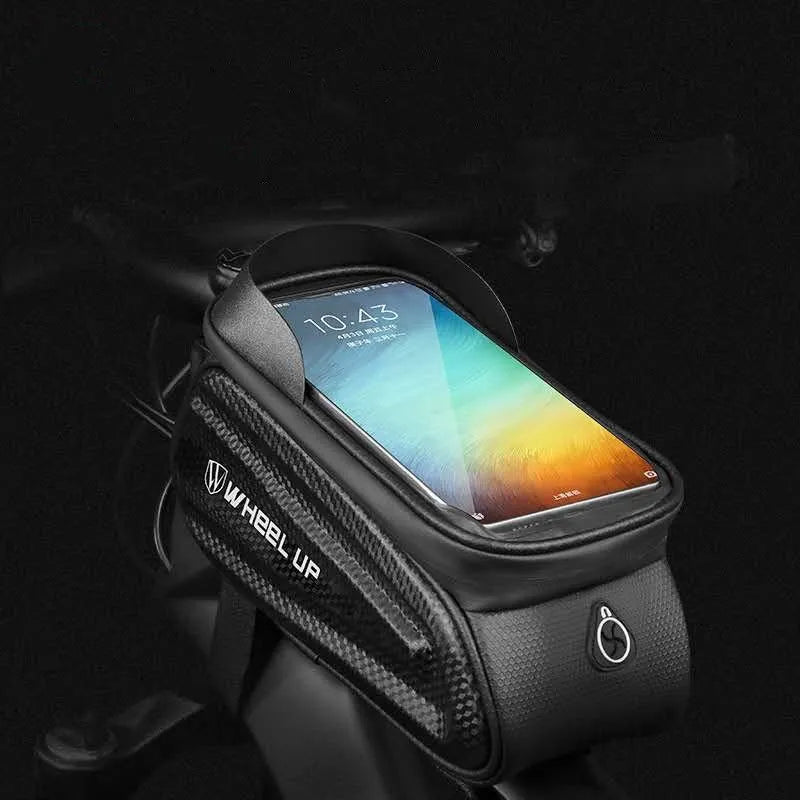 Black grey bicycle bag with reflective strips and Velcro straps for mountain bike mobile phone storage