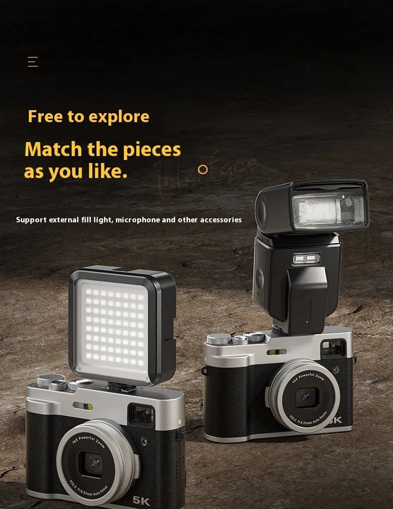 Black and brown 5K digital camera with dual lenses and an optical viewfinder on a 2.88-inch screen.