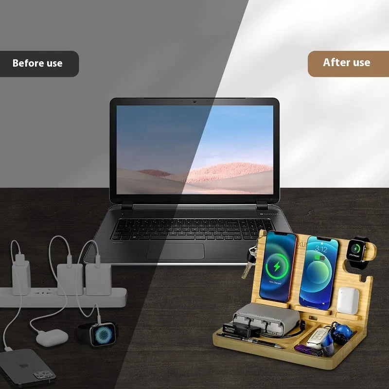 Multifunctional bamboo wireless charger bracket in wheat colour with 2A output