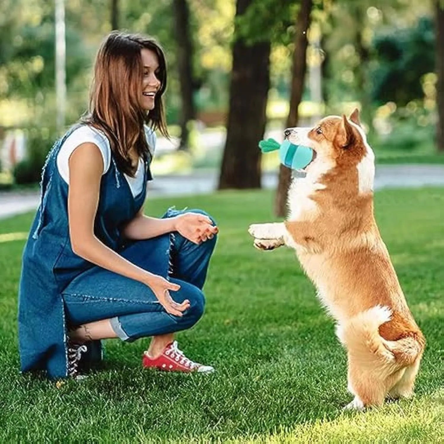 Blue and green durable rubber interactive treat dispensing dog puzzle ball for medium large breeds