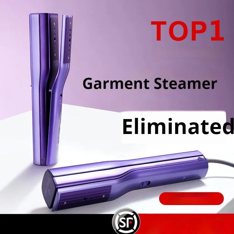 Handheld garment steamer with AI temperature control display showing dual heating modes for hanging and flat ironing
