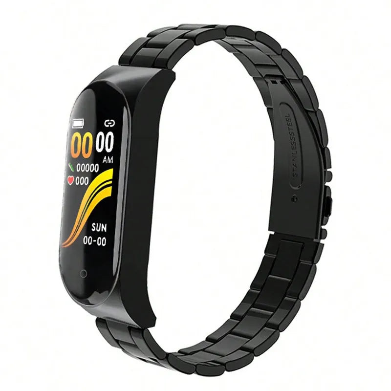 Smart bracelet with stainless steel wristband, touch button, heart rate and blood pressure monitoring, shown in black gold silver pink