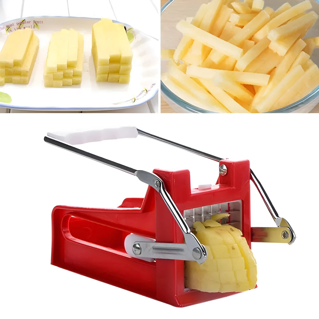 Potato cutter with two stainless steel blades and non-slip rubber base