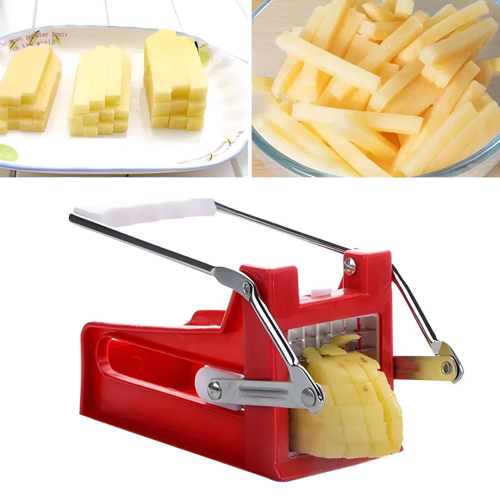 Potato cutter with two stainless steel blades and non-slip rubber base